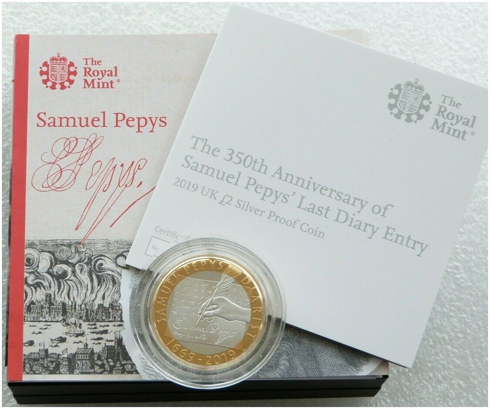 2019 Samuel Pepys £2 Silver Proof Coin Box Coa 2019 Samuel Pepys £2 Silver Proof Coin Box Coa