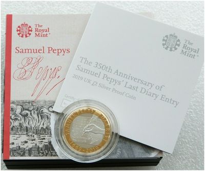 2019 Samuel Pepys £2 Silver Proof Coin Box Coa 2019 Samuel Pepys £2 Silver Proof Coin Box Coa
