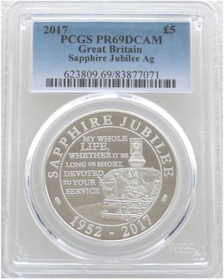 2017 Sapphire Jubilee £5 Silver Proof Coin PCGS PR69 DCAM 2017 Sapphire Jubilee £5 Silver Proof Coin PCGS PR69 DCAM