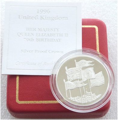 1996 Queen's 70th Birthday £5 Silver Proof Coin Box Coa