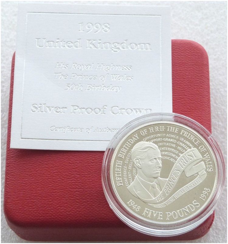 1998 Prince Charles of Wales £5 Silver Proof Coin Box Coa 1998 Prince Charles of Wales £5 Silver Proof Coin Box Coa
