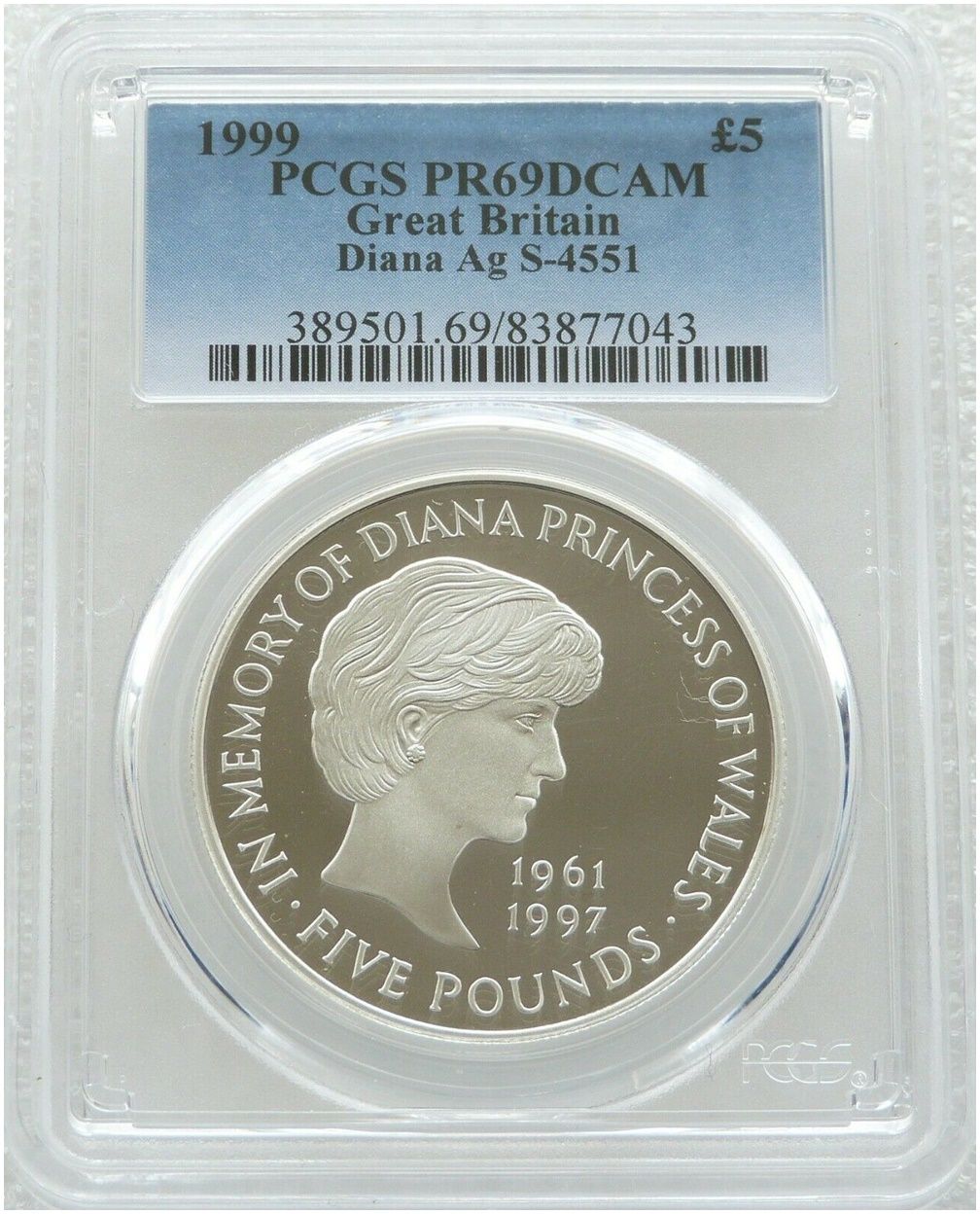1999 Lady Diana Memorial £5 Silver Proof Coin PCGS PR69 DCAM 1999 Lady Diana Memorial £5 Silver Proof Coin PCGS PR69 DCAM