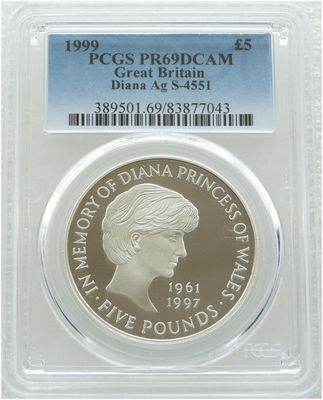 1999 Lady Diana Memorial £5 Silver Proof Coin PCGS PR69 DCAM 1999 Lady Diana Memorial £5 Silver Proof Coin PCGS PR69 DCAM