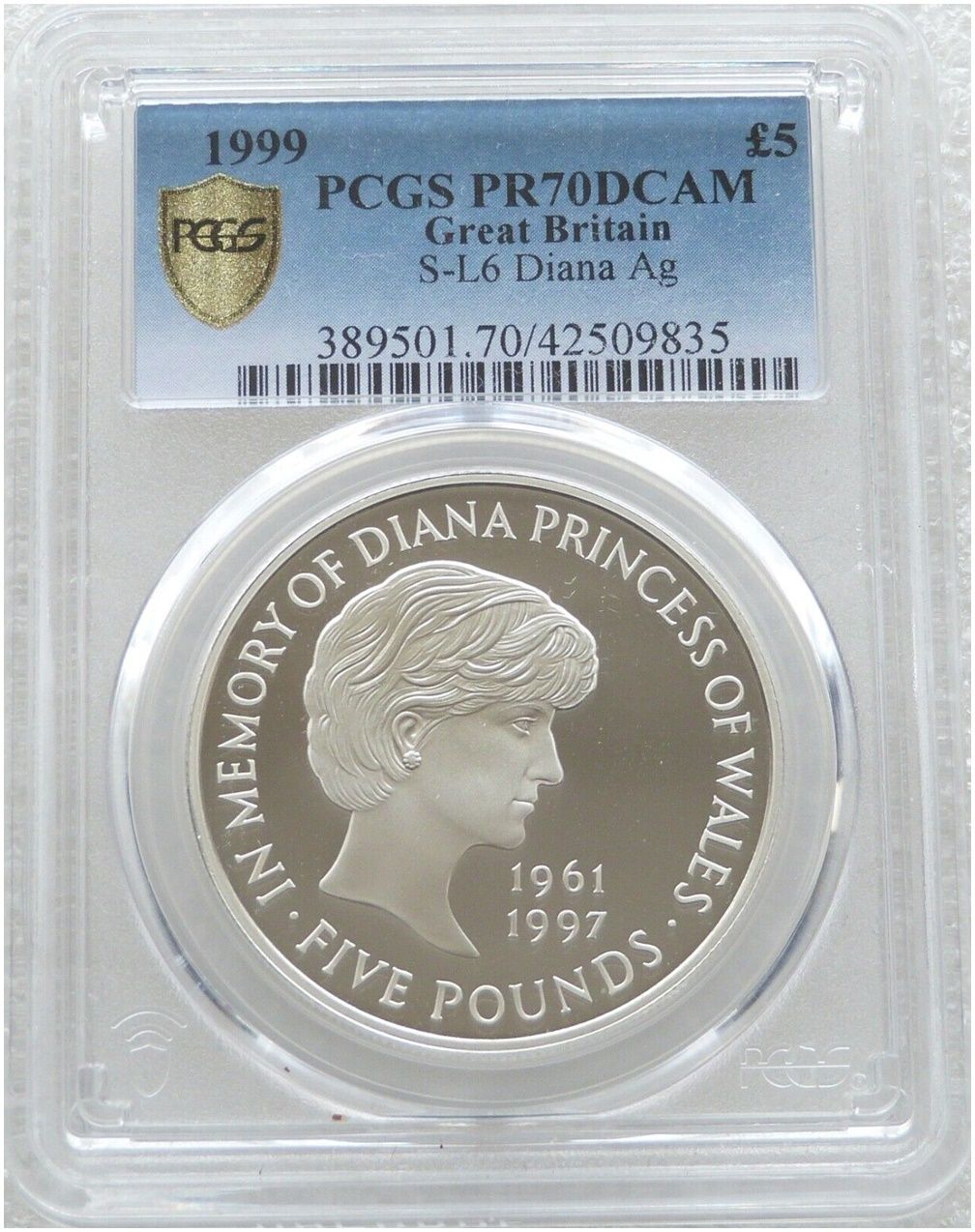 1999 Lady Diana Memorial £5 Silver Proof Coin PCGS PR70 DCAM 1999 Lady Diana Memorial £5 Silver Proof Coin PCGS PR70 DCAM