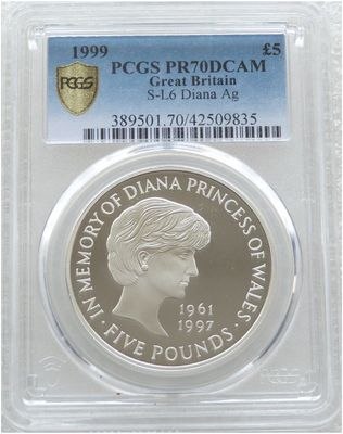 1999 Lady Diana Memorial £5 Silver Proof Coin PCGS PR70 DCAM 1999 Lady Diana Memorial £5 Silver Proof Coin PCGS PR70 DCAM