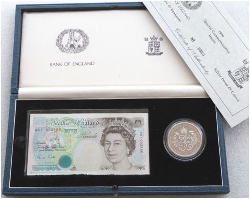 1990 Queen Mother 90th Birthday £5 Silver Proof Coin £5 Five Pound Banknote A01 Set Box Coa