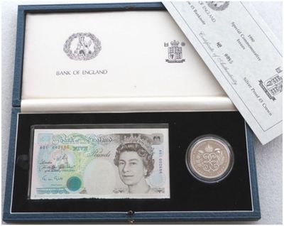 1990 Queen Mother 90th Birthday £5 Silver Proof Coin £5 Five Pound Banknote A01 Set Box Coa