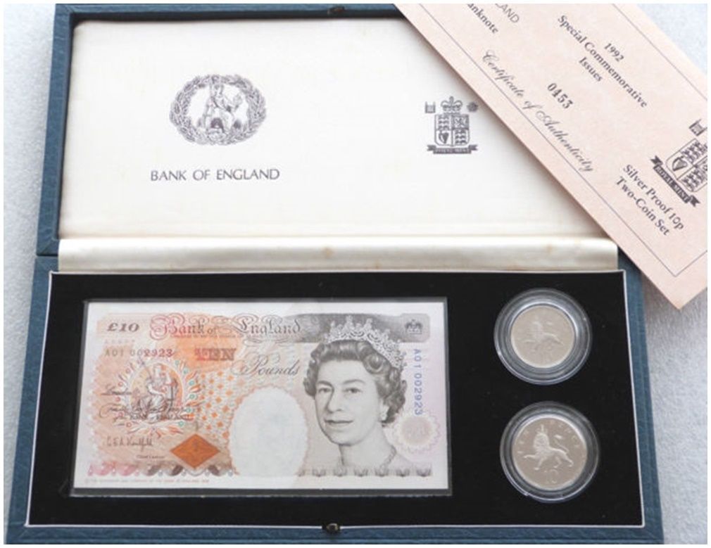 1992 Deluxe 10p Silver Proof 2 Coin £10 Ten Pound Banknote A01 Set Box Coa 1992 Deluxe 10p Silver Proof 2 Coin £10 Ten Pound Banknote A01 Set Box Coa