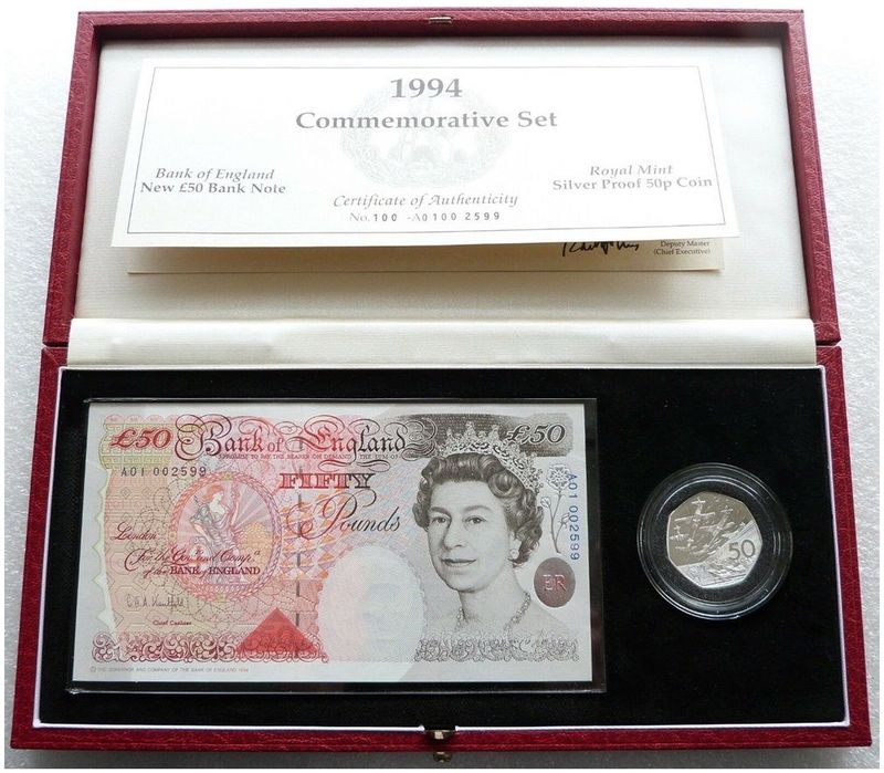 1994 Deluxe D-Day 50p Silver Proof Coin £50 Fifty Pound Banknote Uncirculated A01 Set Box Coa