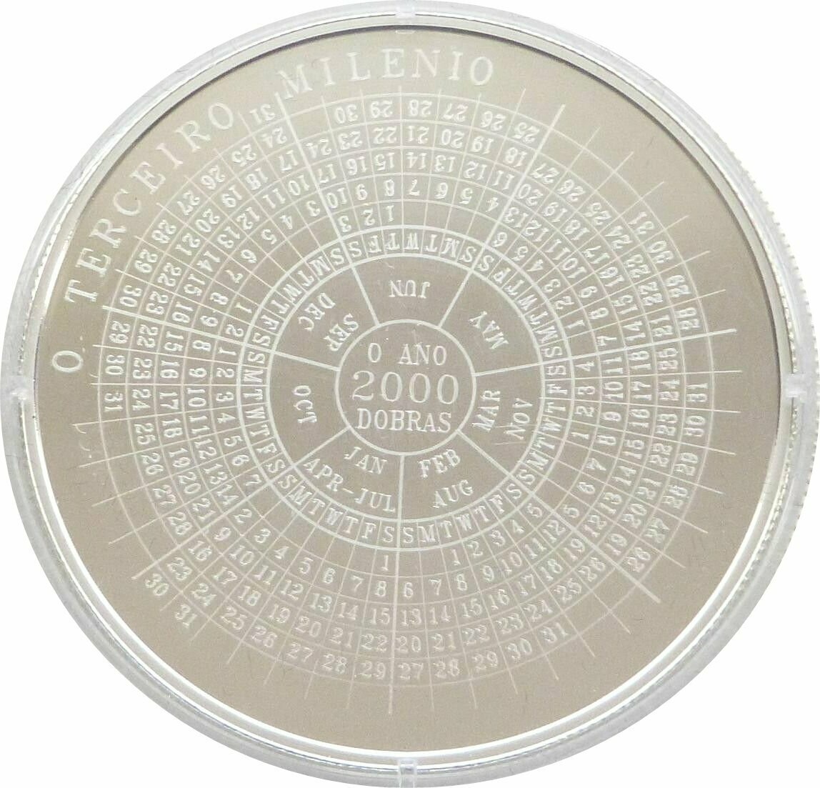 1998 Sao Tome & Principe Millennium Circular Calendar 2,000 Dobras Silver Proof Coin 1998 Sao Tome & Principe Millennium Circular Calendar 2,000 Dobras Silver Proof Coin