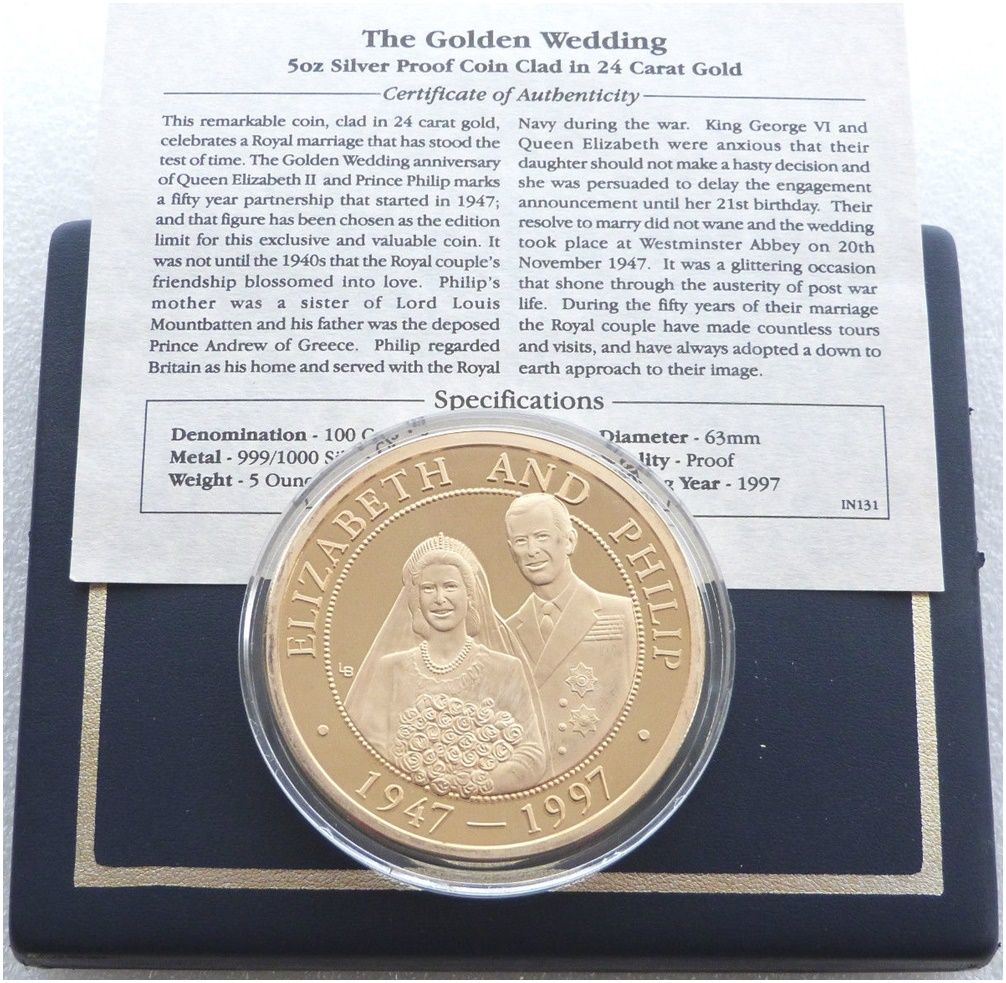 1997 Turks Caicos Golden Wedding 100 Crowns Silver Gold Proof 5oz Coin Box Coa