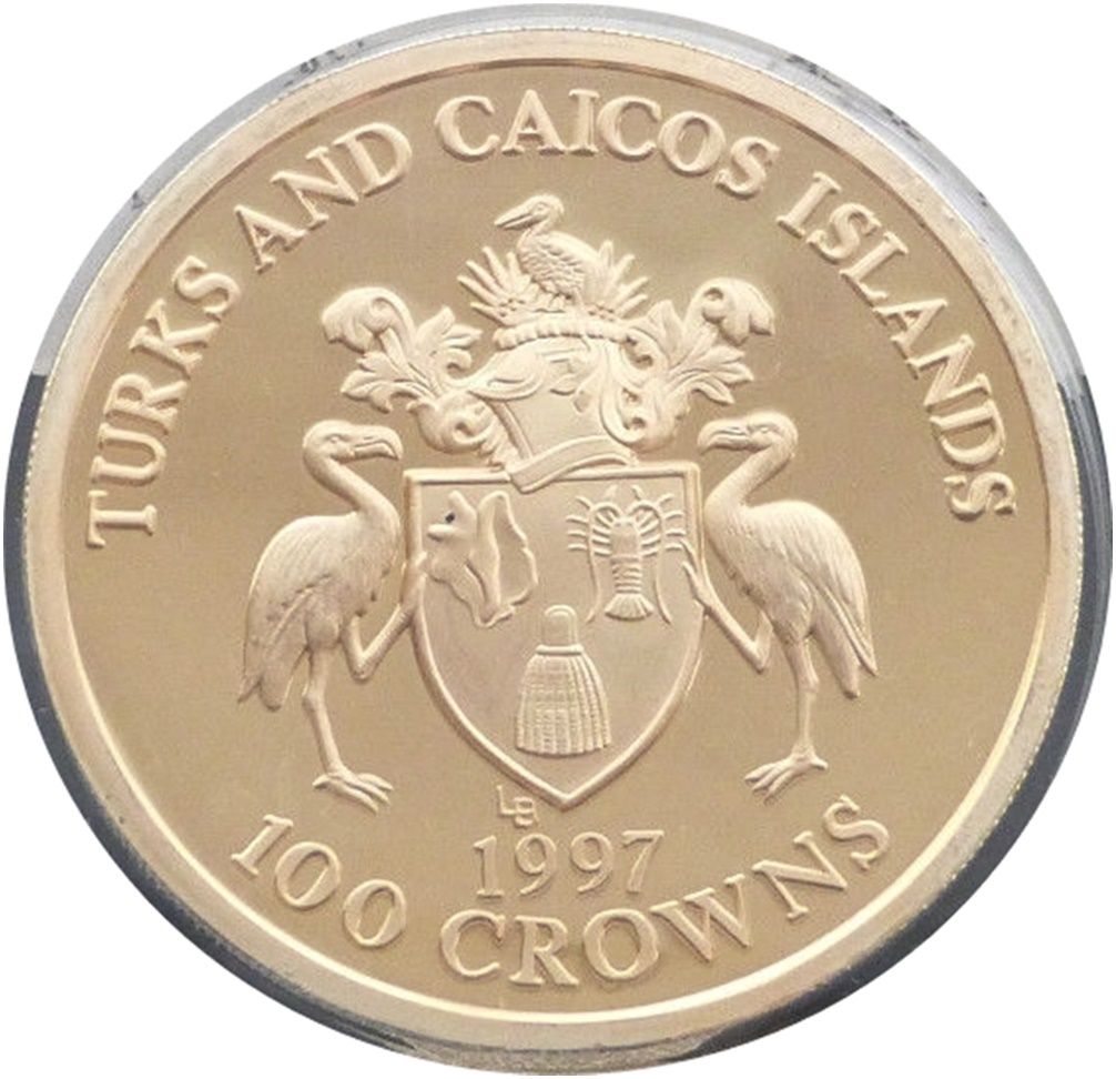 1997 Turks Caicos Golden Wedding 100 Crowns Silver Gold Proof 5oz