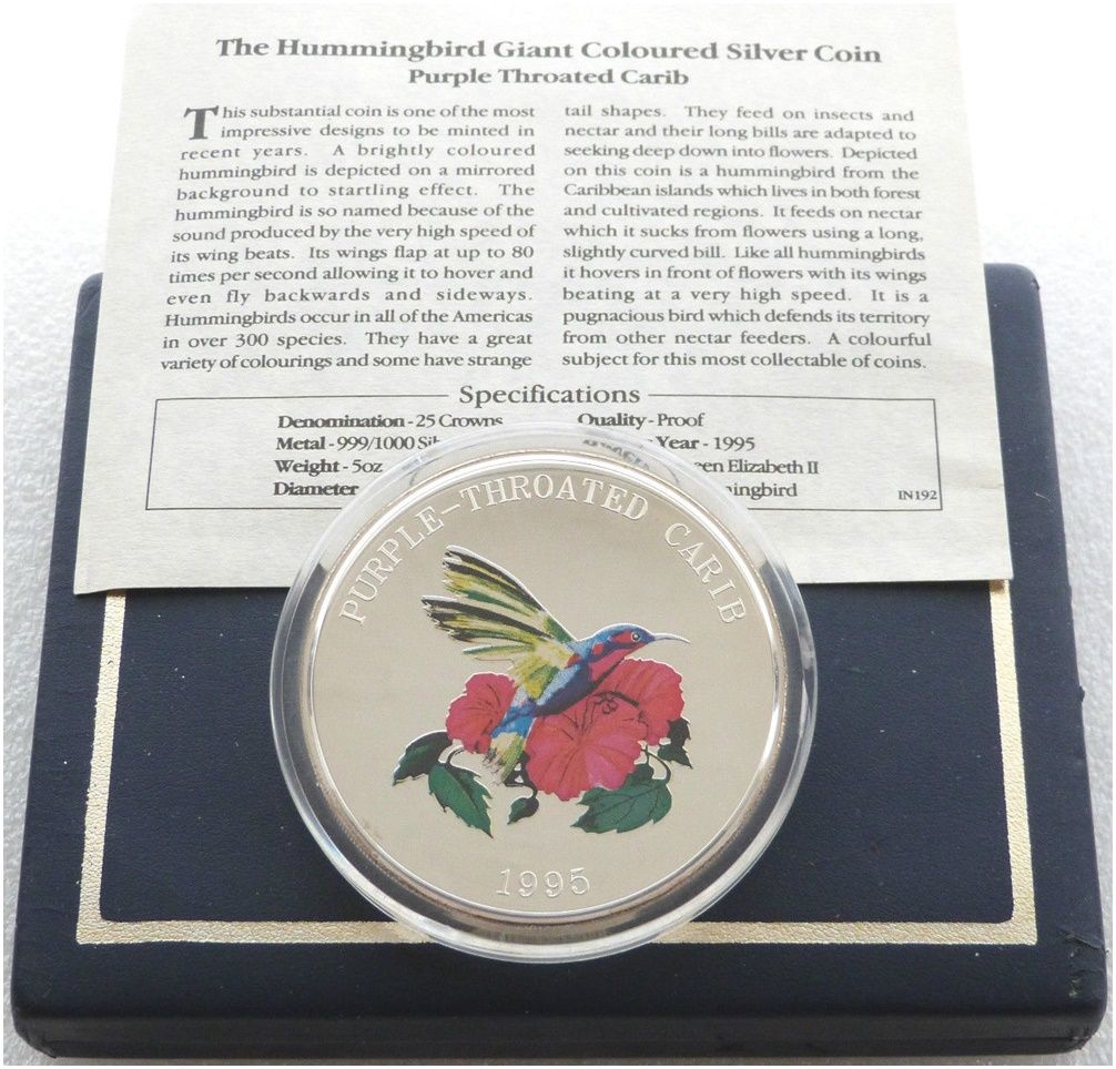 1995 Turks Caicos Purple Throated Carib 25 Crowns Silver Proof 5oz Coin Box Coa