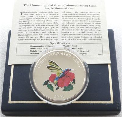 1995 Turks Caicos Purple Throated Carib 25 Crowns Silver Proof 5oz Coin Box Coa