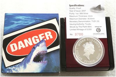 2007 Tuvalu Deadly and Dangerous Great White Shark $1 Silver Proof