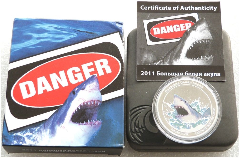 2011 Tuvalu Deadly and Dangerous Great White Shark $1 Silver Proof 1oz Coin Box Coa - Russian Version
