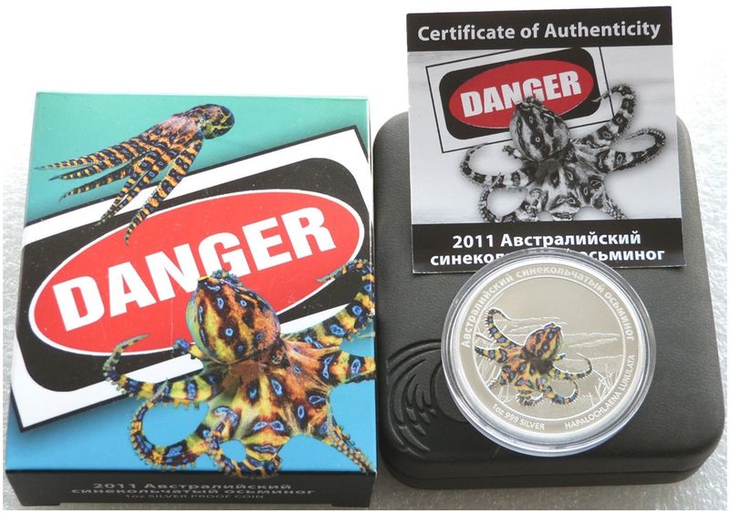2011 Tuvalu Deadly and Dangerous Blue Ringed Octopus $1 Silver Proof 1oz Coin Box Coa - Russian Version 2011 Tuvalu Deadly and Dangerous Blue Ringed Octopus $1 Silver Proof 1oz Coin Box Coa - Russian Version