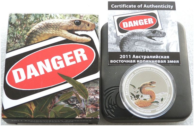 2011 Tuvalu Deadly and Dangerous Eastern Brown Snake $1 Silver Proof 1oz Coin Box Coa - Russian Version 2011 Tuvalu Deadly and Dangerous Eastern Brown Snake $1 Silver Proof 1oz Coin Box Coa - Russian Version