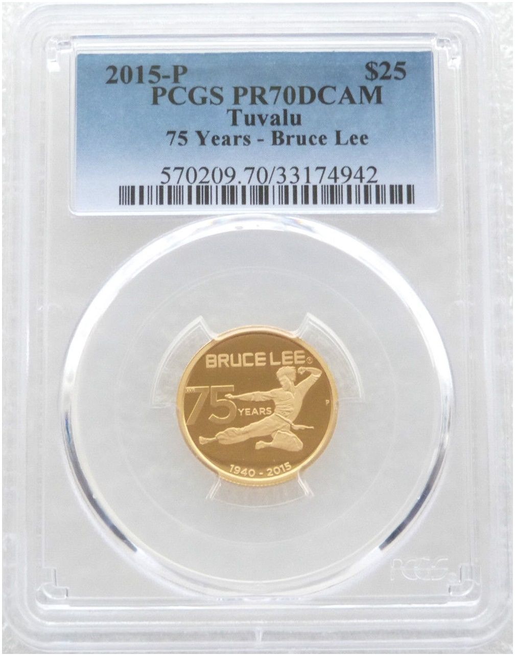 2015 Tuvalu Bruce Lee $25 Gold Proof 1/4oz Coin PCGS PR70 DCAM - Pop 2