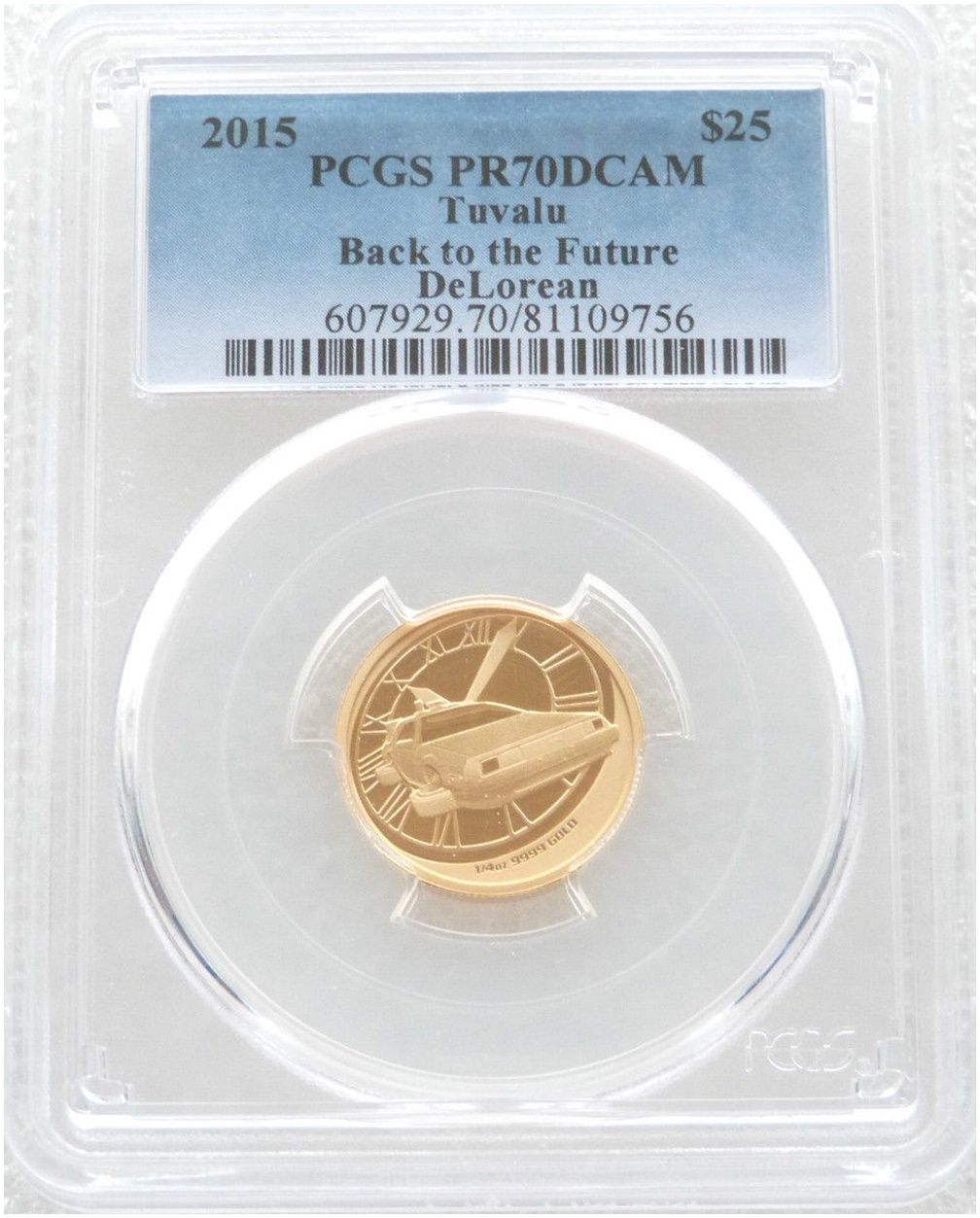 2015 Tuvalu Back to the Future DeLorean $25 Gold Proof 1/4oz Coin PCGS PR70 DCAM - Pop 2