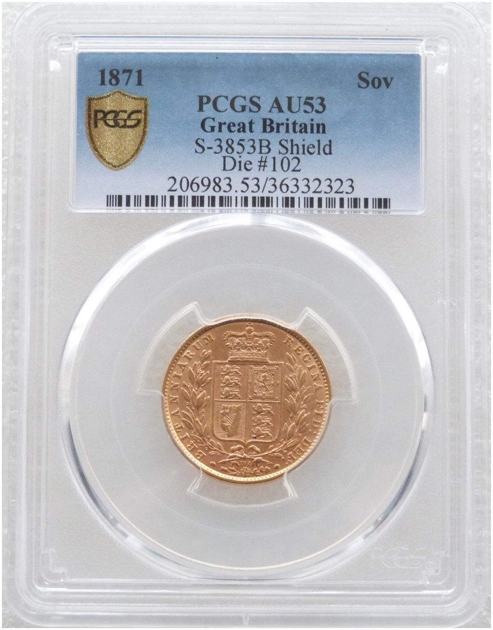 1871 Victoria Shield Full Sovereign Gold Coin PCGS AU53 - Die 102