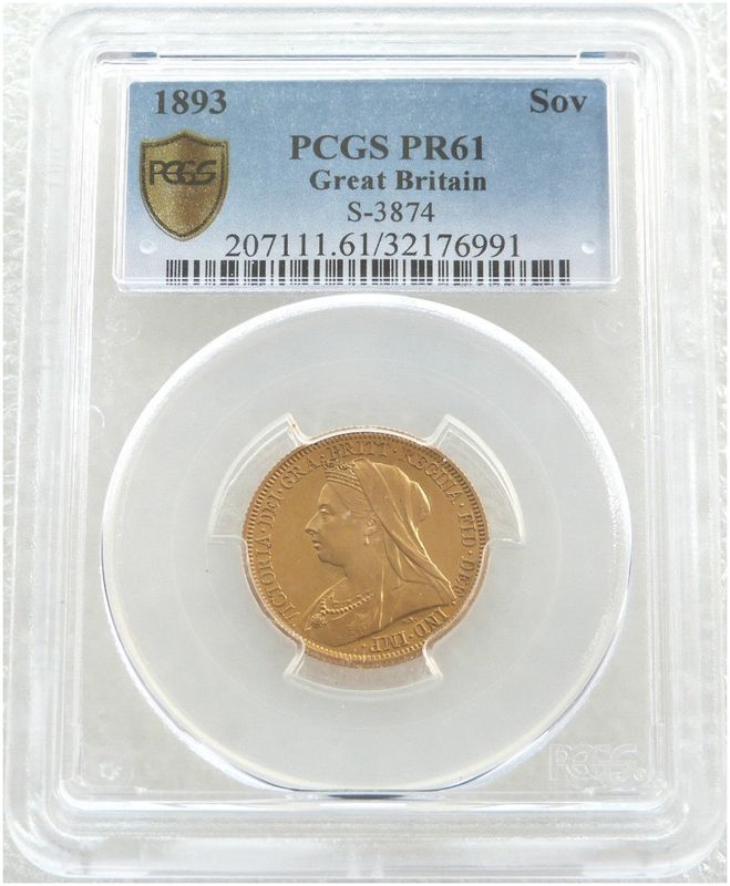 1893 Victoria Veiled Head Full Sovereign Gold Proof Coin PCGS PR61 1893 Victoria Veiled Head Full Sovereign Gold Proof Coin PCGS PR61