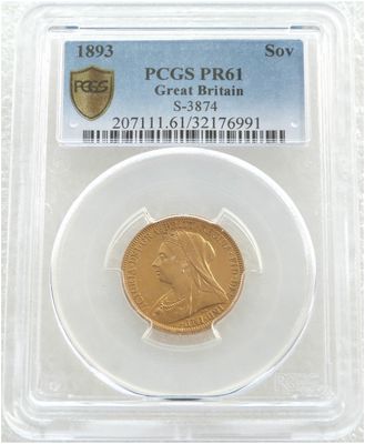 1893 Victoria Veiled Head Full Sovereign Gold Proof Coin PCGS PR61 1893 Victoria Veiled Head Full Sovereign Gold Proof Coin PCGS PR61