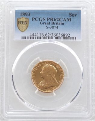 1893 Victoria Veiled Head Full Sovereign Gold Proof Coin PCGS PR62 CAM 1893 Victoria Veiled Head Full Sovereign Gold Proof Coin PCGS PR62 CAM