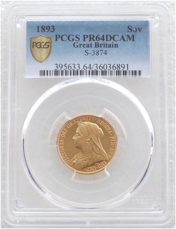 1893 Victoria Veiled Head Full Sovereign Gold Proof Coin PCGS PR64 DCAM 1893 Victoria Veiled Head Full Sovereign Gold Proof Coin PCGS PR64 DCAM