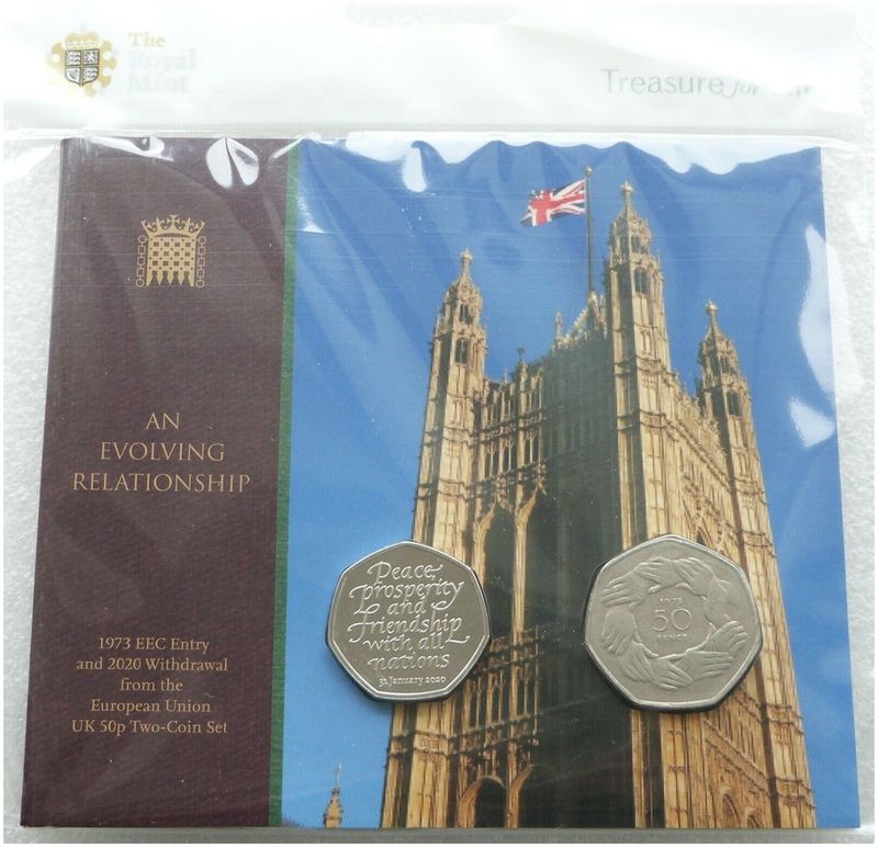 2020 - 1973 EEC Entry and Withdrawal from the EU Brexit 50p Fifty Pence 2 Coin Set Sealed