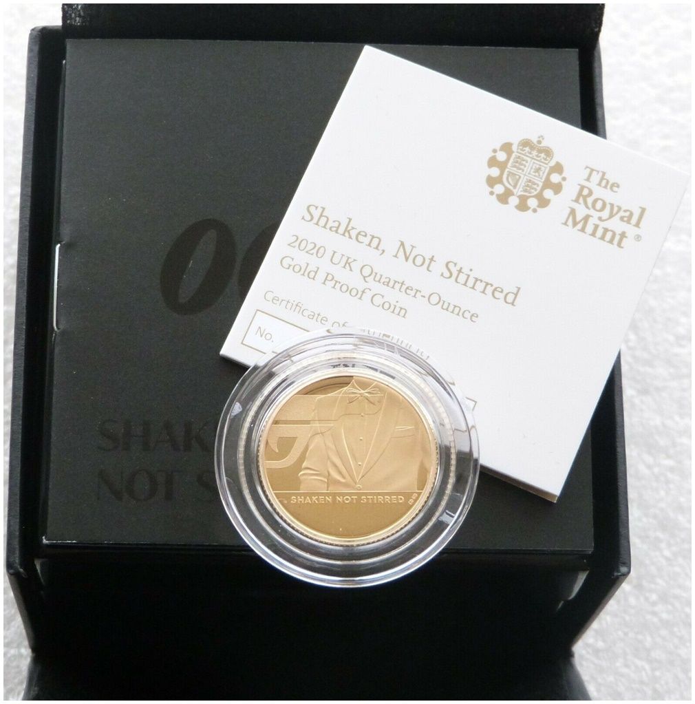 2020 James Bond 007 Shaken not Stirred £25 Gold Proof 1/4oz Coin Box Coa 2020 James Bond 007 Shaken not Stirred £25 Gold Proof 1/4oz Coin Box Coa
