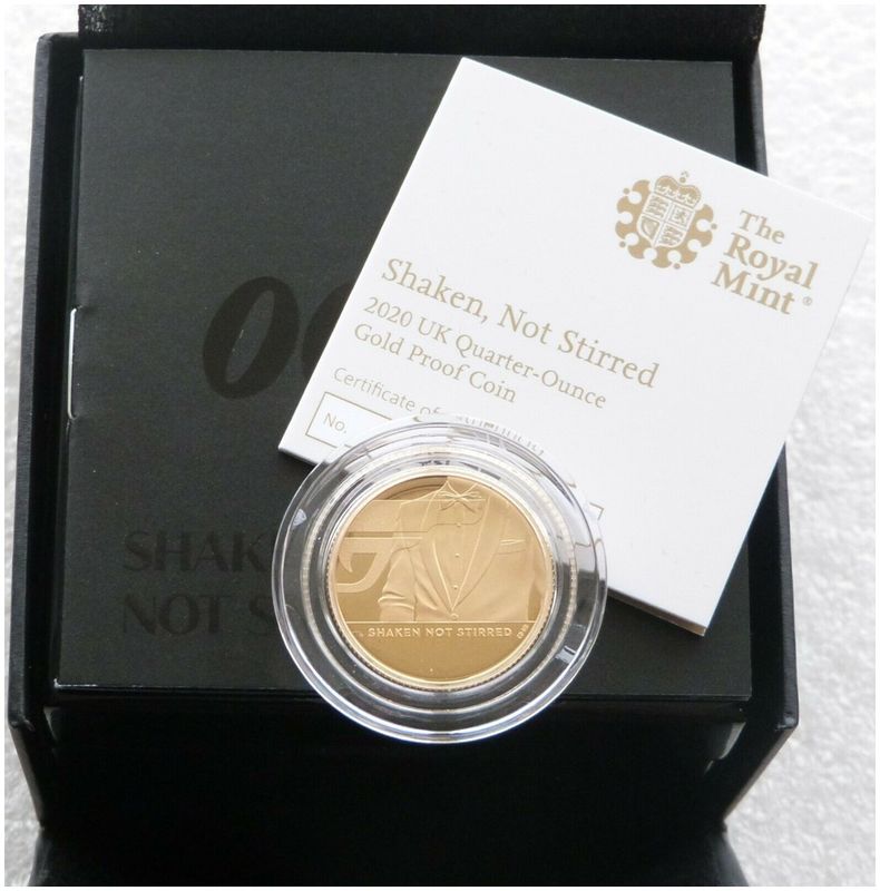 2020 James Bond 007 Shaken not Stirred £25 Gold Proof 1/4oz Coin Box Coa 2020 James Bond 007 Shaken not Stirred £25 Gold Proof 1/4oz Coin Box Coa