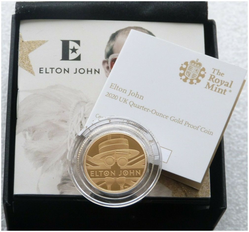 2020 Music Legends Elton John £25 Gold Proof 1/4oz Coin Box Coa 2020 Music Legends Elton John £25 Gold Proof 1/4oz Coin Box Coa