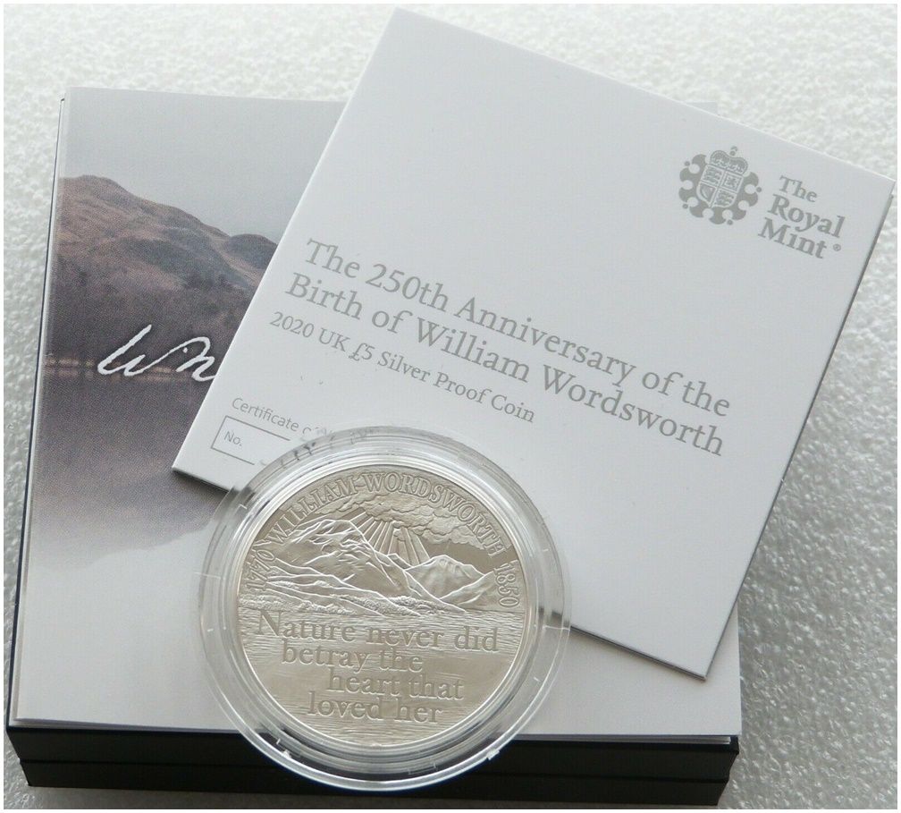 2020 William Wordsworth £5 Silver Proof Coin Box Coa 2020 William Wordsworth £5 Silver Proof Coin Box Coa