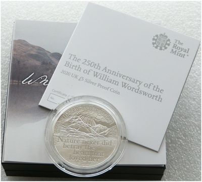2020 William Wordsworth £5 Silver Proof Coin Box Coa 2020 William Wordsworth £5 Silver Proof Coin Box Coa