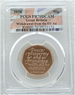 2020 Withdrawal from the EU Brexit 50p Gold Proof Coin PCGS PR70 DCAM 2020 Withdrawal from the EU Brexit 50p Gold Proof Coin PCGS PR70 DCAM