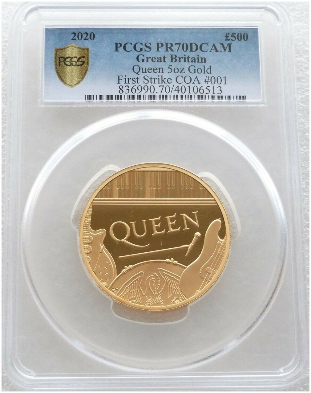 2020 Music Legends Queen £500 Gold Proof 5oz Coin PCGS PR70 DCAM First Strike Cert Number 01