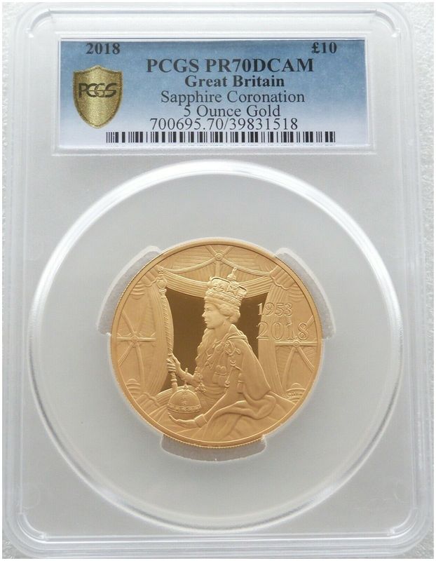 2018 Sapphire Coronation £10 Gold Proof 5oz Coin PCGS PR70 DCAM