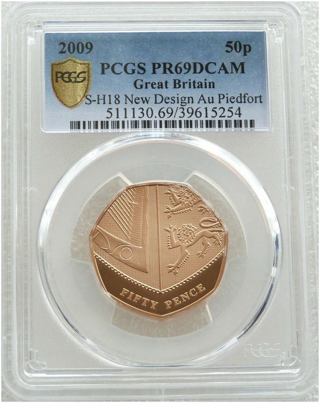 2009 Royal Shield of Arms Piedfort 50p Gold Proof Coin PCGS PR69 DCAM - Mintage 40