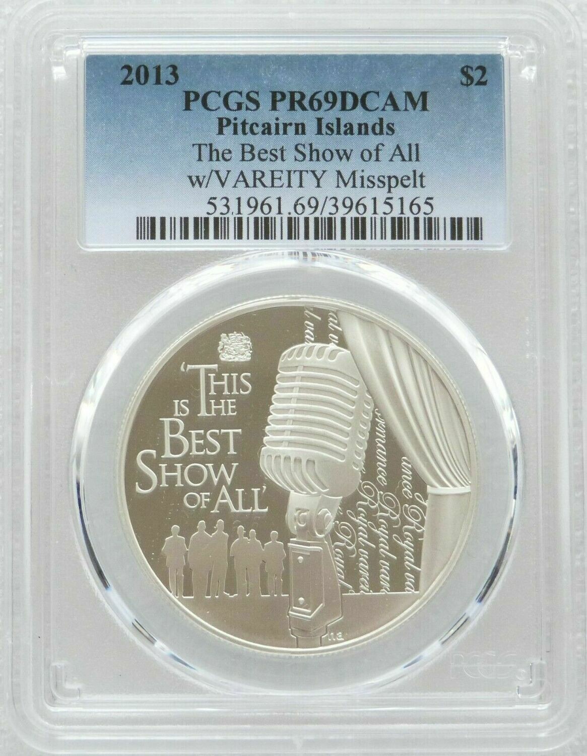 2013 Pitcairn Islands Diamond Jubilee Variety Club Mint Error $2 Silver Proof Coin PCGS PR69 DCAM 2013 Pitcairn Islands Diamond Jubilee Variety Club Mint Error $2 Silver Proof Coin PCGS PR69 DCAM
