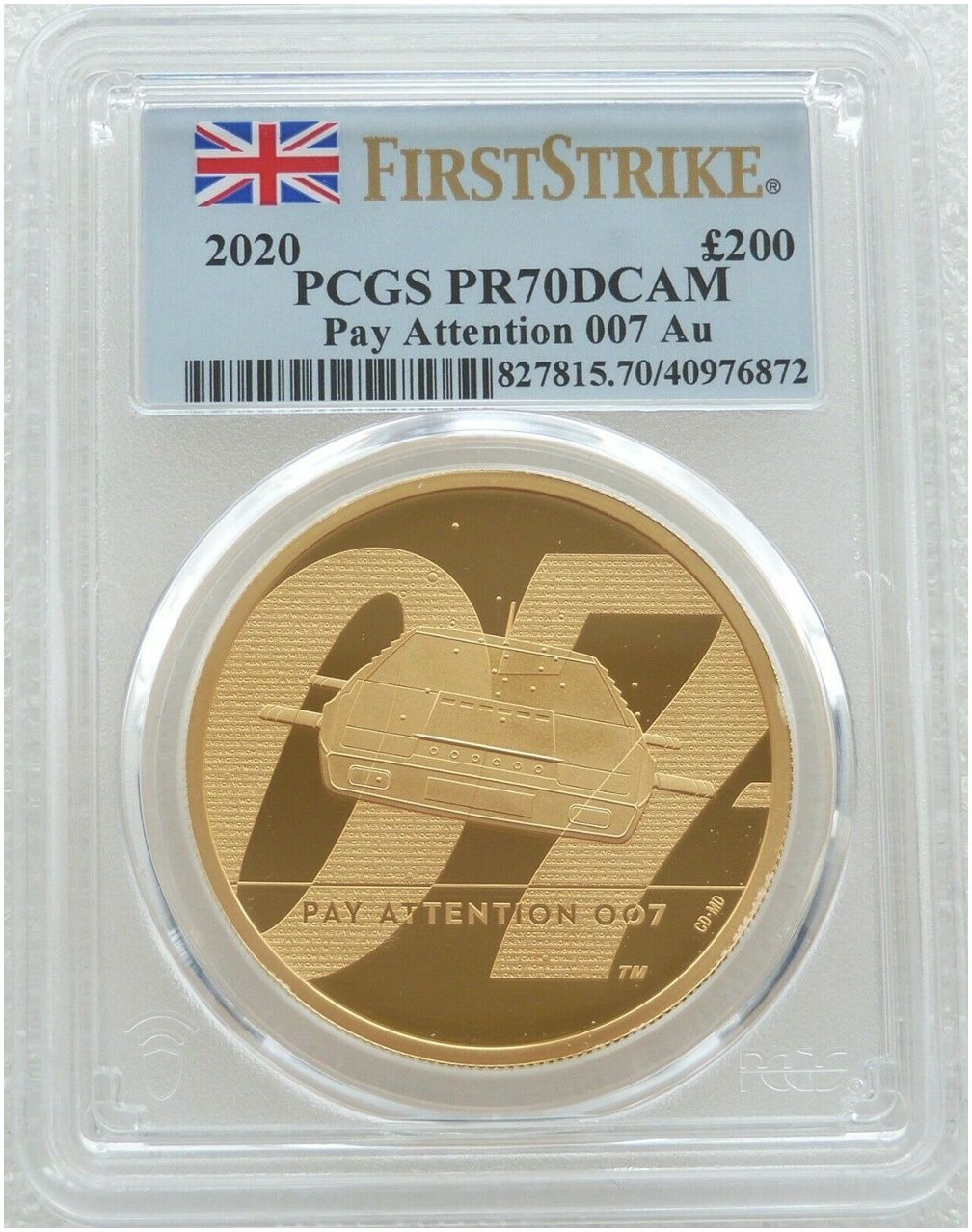 2020 James Bond Pay Attention 007 £200 Gold Proof 2oz Coin PCGS PR70 DCAM First Strike 2020 James Bond Pay Attention 007 £200 Gold Proof 2oz Coin PCGS PR70 DCAM First Strike