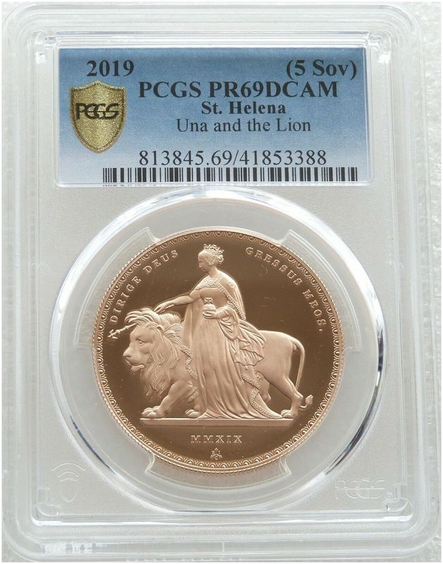 2019 Saint Helena Una and the Lion £5 Five Pound Sovereign Gold Proof Coin PCGS PR69 DCAM 2019 Saint Helena Una and the Lion £5 Five Pound Sovereign Gold Proof Coin PCGS PR69 DCAM