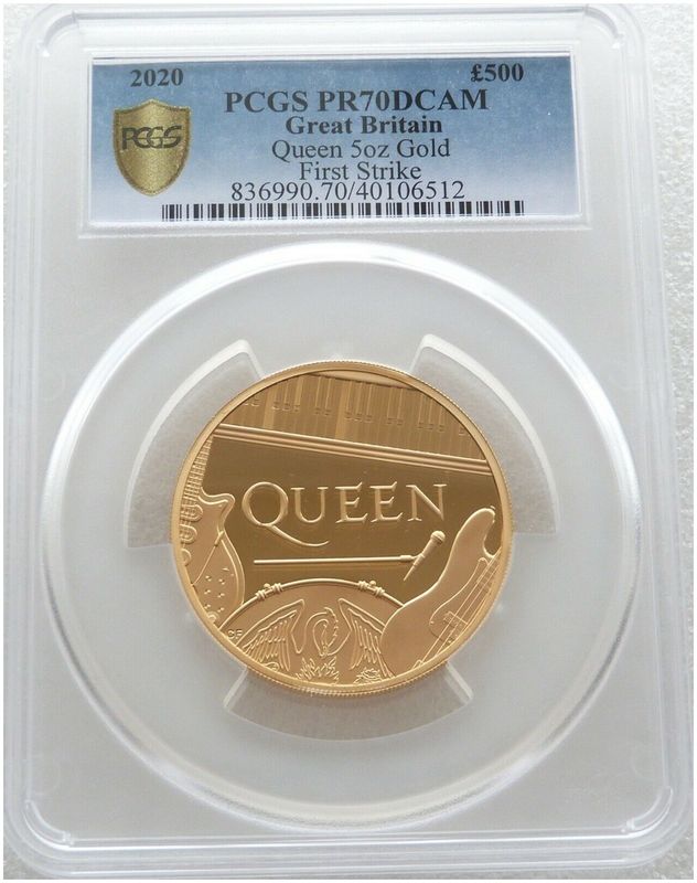 2020 Music Legends Queen £500 Gold Proof 5oz Coin PCGS PR70 DCAM First Strike Cert 05 2020 Music Legends Queen £500 Gold Proof 5oz Coin PCGS PR70 DCAM First Strike Cert 05