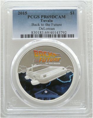 2015 Tuvalu Back to the Future DeLorean $1 Silver Proof 1oz Coin PCGS PR69 DCAM 2015 Tuvalu Back to the Future DeLorean $1 Silver Proof 1oz Coin PCGS PR69 DCAM