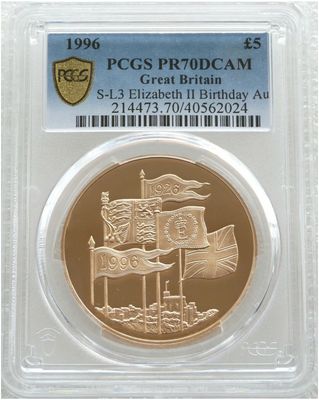 1996 Queen's 70th Birthday £5 Five Pound Gold Proof Coin PCGS PR70 DCAM 1996 Queen's 70th Birthday £5 Five Pound Gold Proof Coin PCGS PR70 DCAM