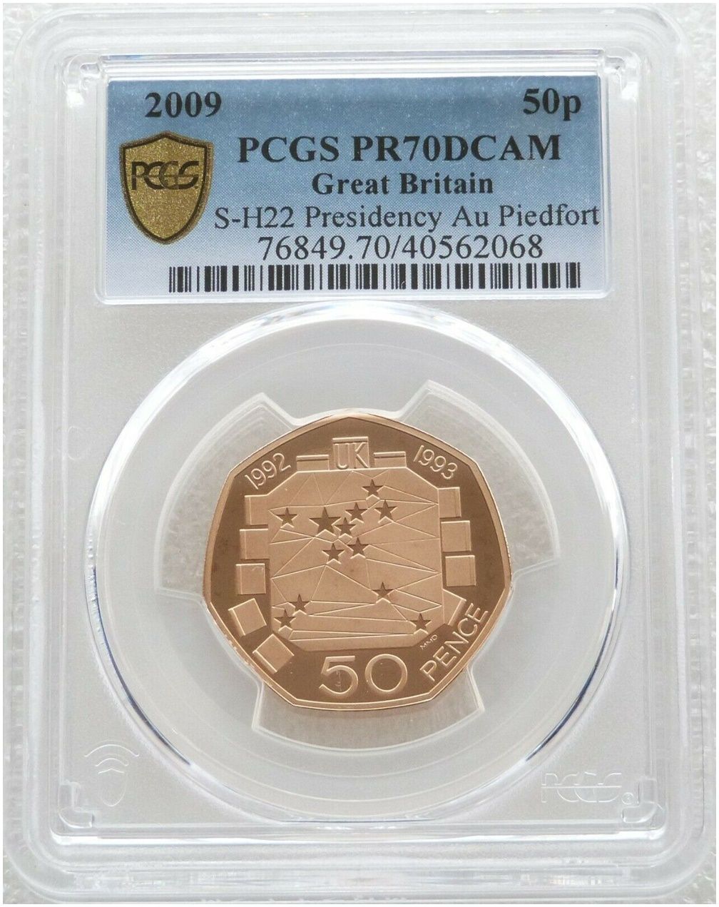 2009 European Presidency Piedfort 50p Gold Proof Coin PCGS PR70 DCAM - Mintage 40 2009 European Presidency Piedfort 50p Gold Proof Coin PCGS PR70 DCAM - Mintage 40