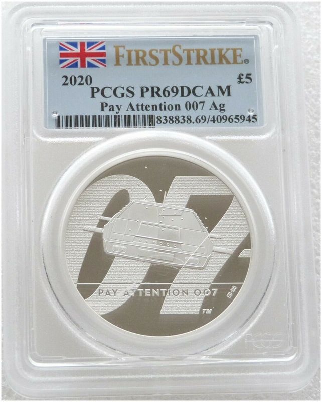 2020 James Bond Pay Attention 007 £5 Silver Proof 2oz Coin PCGS PR69 DCAM First Strike 2020 James Bond Pay Attention 007 £5 Silver Proof 2oz Coin PCGS PR69 DCAM First Strike