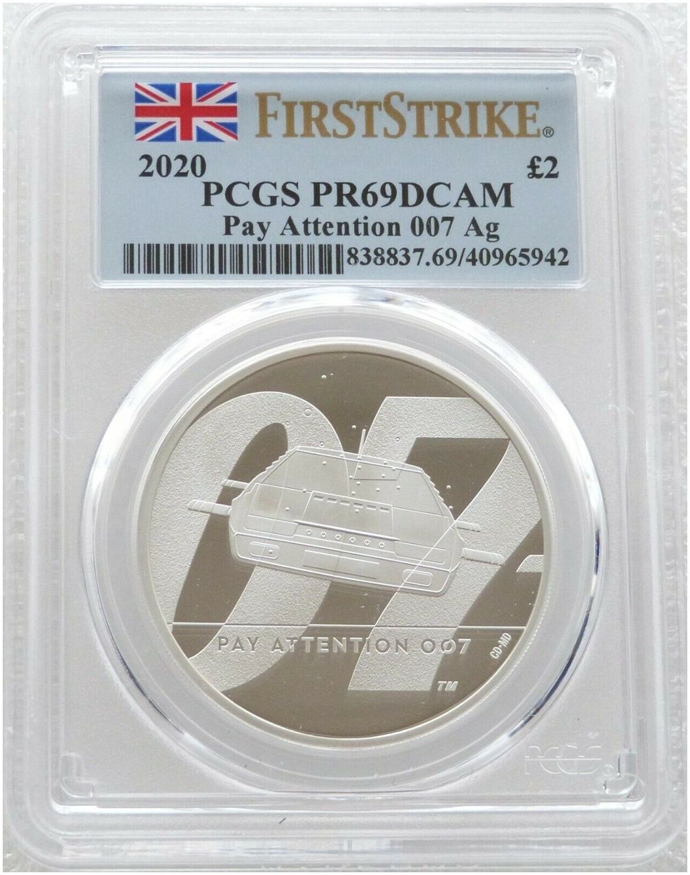 2020 James Bond Pay Attention 007 £2 Silver Proof 1oz Coin PCGS PR69 DCAM First Strike 2020 James Bond Pay Attention 007 £2 Silver Proof 1oz Coin PCGS PR69 DCAM First Strike