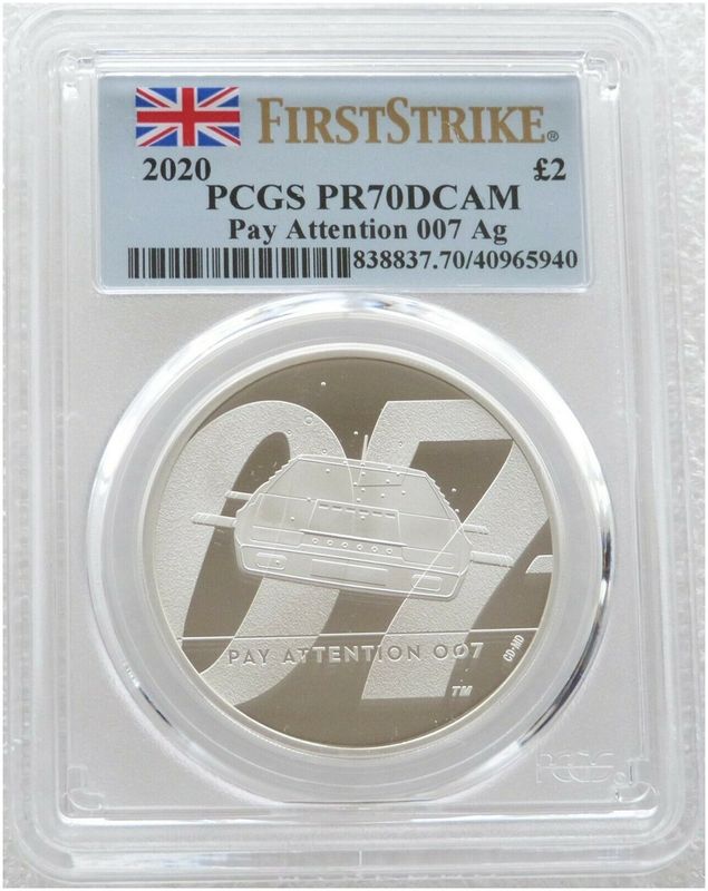2020 James Bond Pay Attention 007 £2 Silver Proof 1oz Coin PCGS PR70 DCAM First Strike 2020 James Bond Pay Attention 007 £2 Silver Proof 1oz Coin PCGS PR70 DCAM First Strike