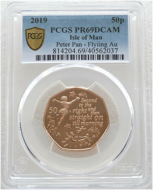 2019 Isle of Man Peter Pan Flying 50p Gold Proof Coin PCGS PR69 DCAM 2019 Isle of Man Peter Pan Flying 50p Gold Proof Coin PCGS PR69 DCAM